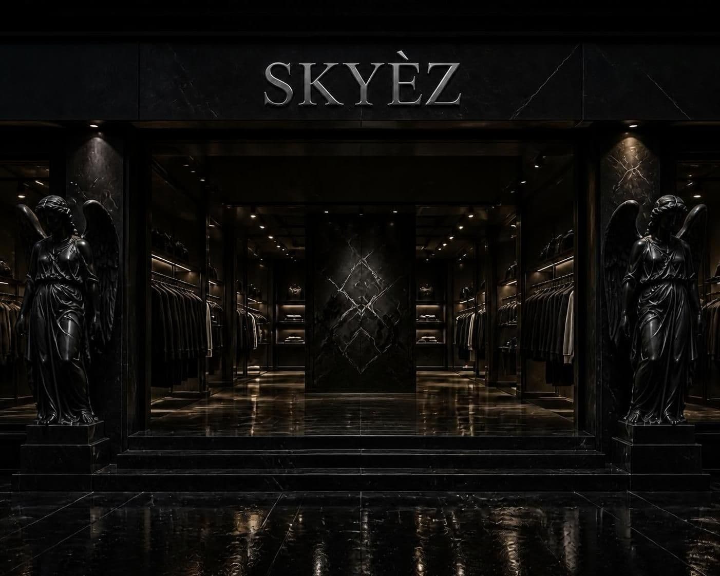 Dark marble SKYÈZ atelier with a reflective black floor and clothing racks